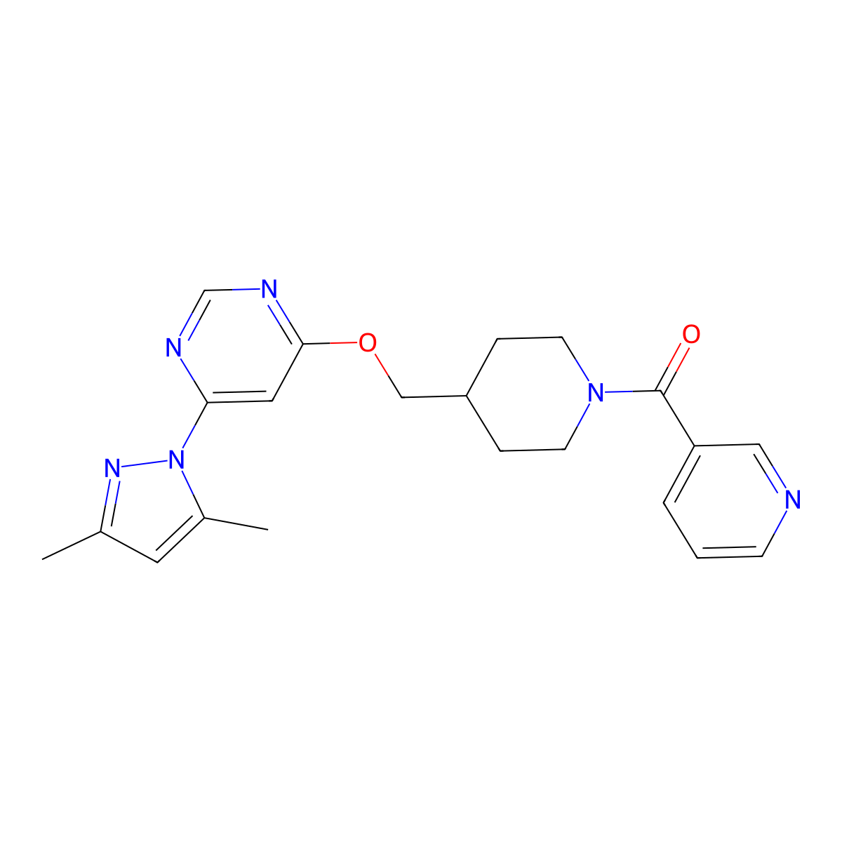 4-(3,5-dimethyl-1H-pyrazol-1-yl)-6-{[1-(pyridine-3-carbonyl)piperidin-4-yl]methoxy}pyrimidine molecular structure, CAS 2380171-90-2