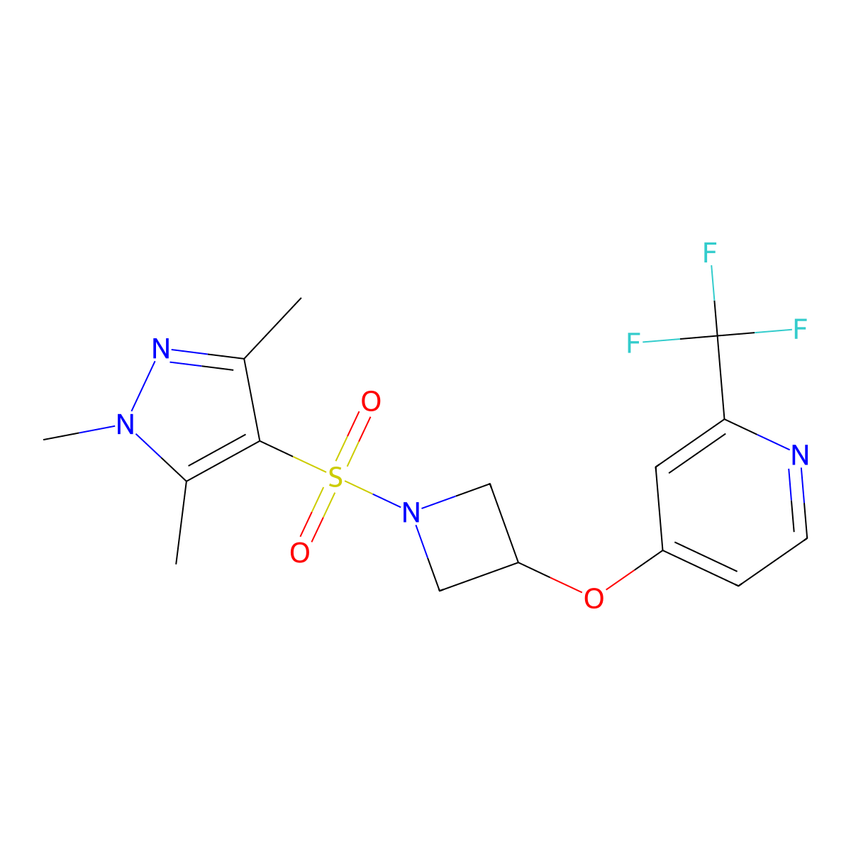 2-(trifluoromethyl)-4-({1-[(1,3,5-trimethyl-1H-pyrazol-4-yl)sulfonyl]azetidin-3-yl}oxy)pyridine molecular structure, CAS 2380171-94-6