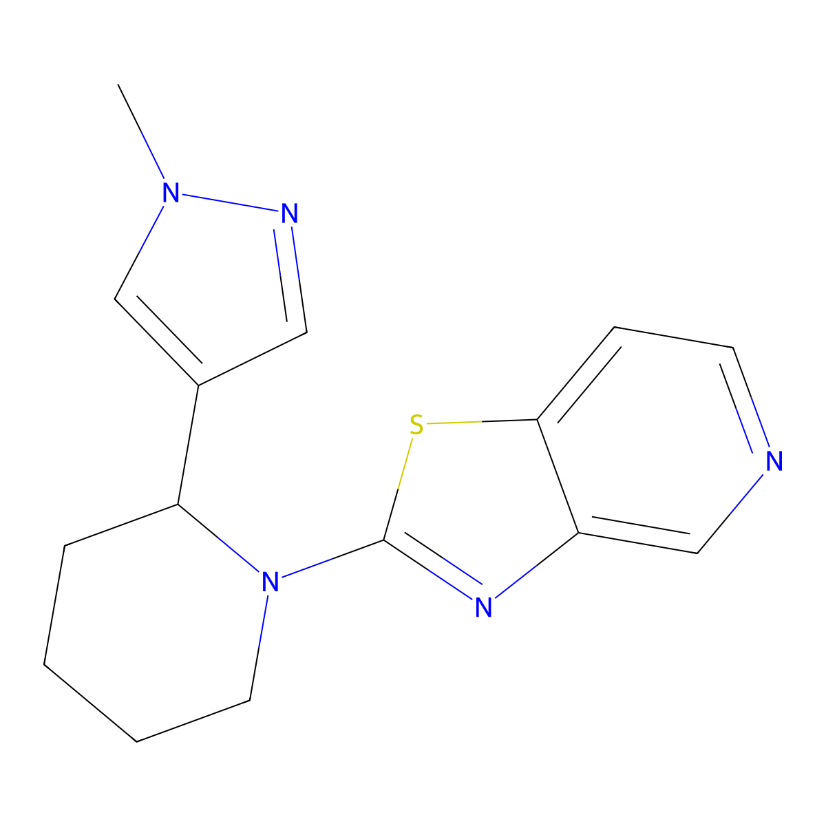 2-(1-methyl-1H-pyrazol-4-yl)-1-{[1,3]thiazolo[4,5-c]pyridin-2-yl}piperidine molecular structure, CAS 2380171-99-1