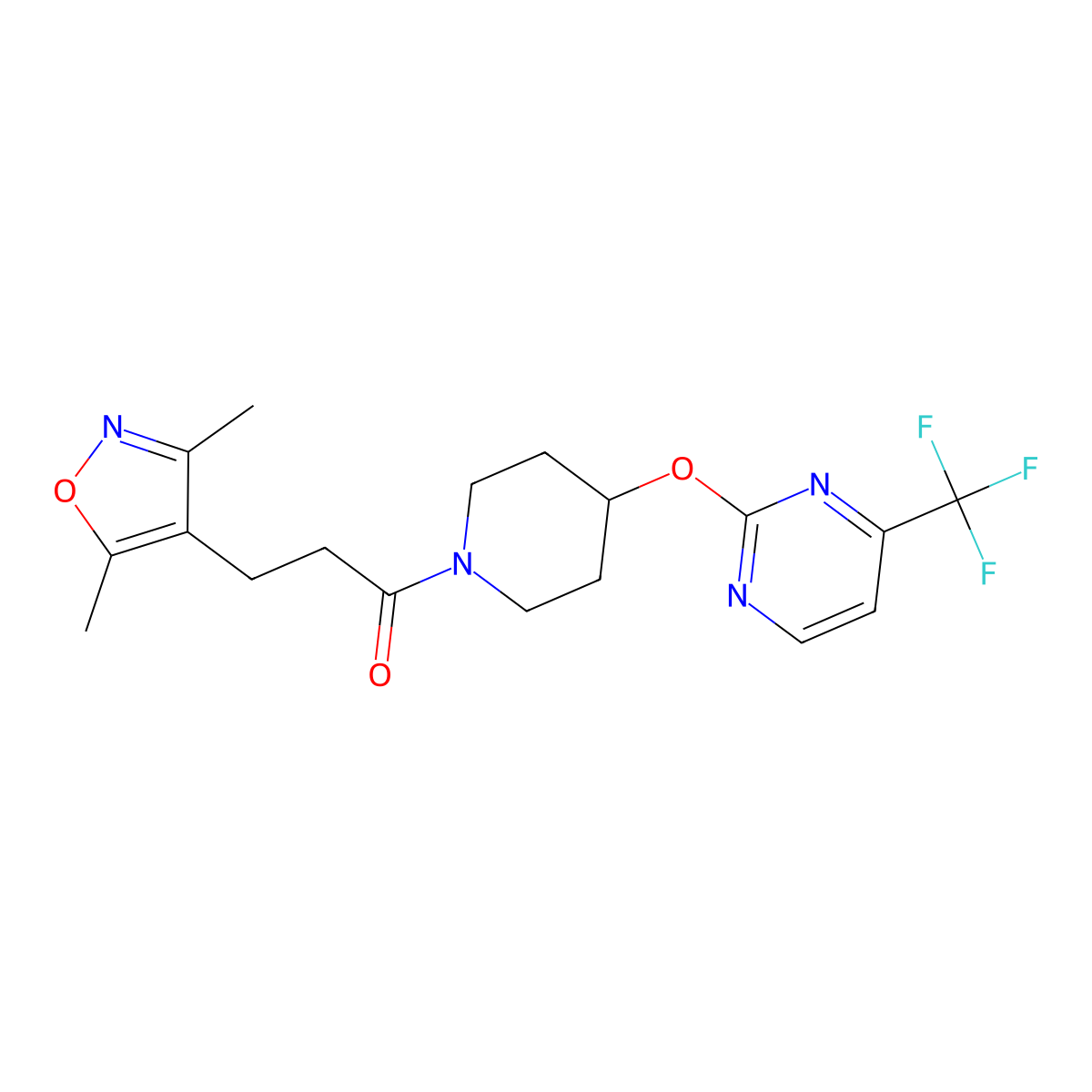 3-(3,5-Dimethyl-1,2-oxazol-4-yl)-1-(4-{[4-(trifluoromethyl)pyrimidin-2-yl]oxy}piperidin-1-yl)propan-1-one molecular structure, CAS 2380172-03-0