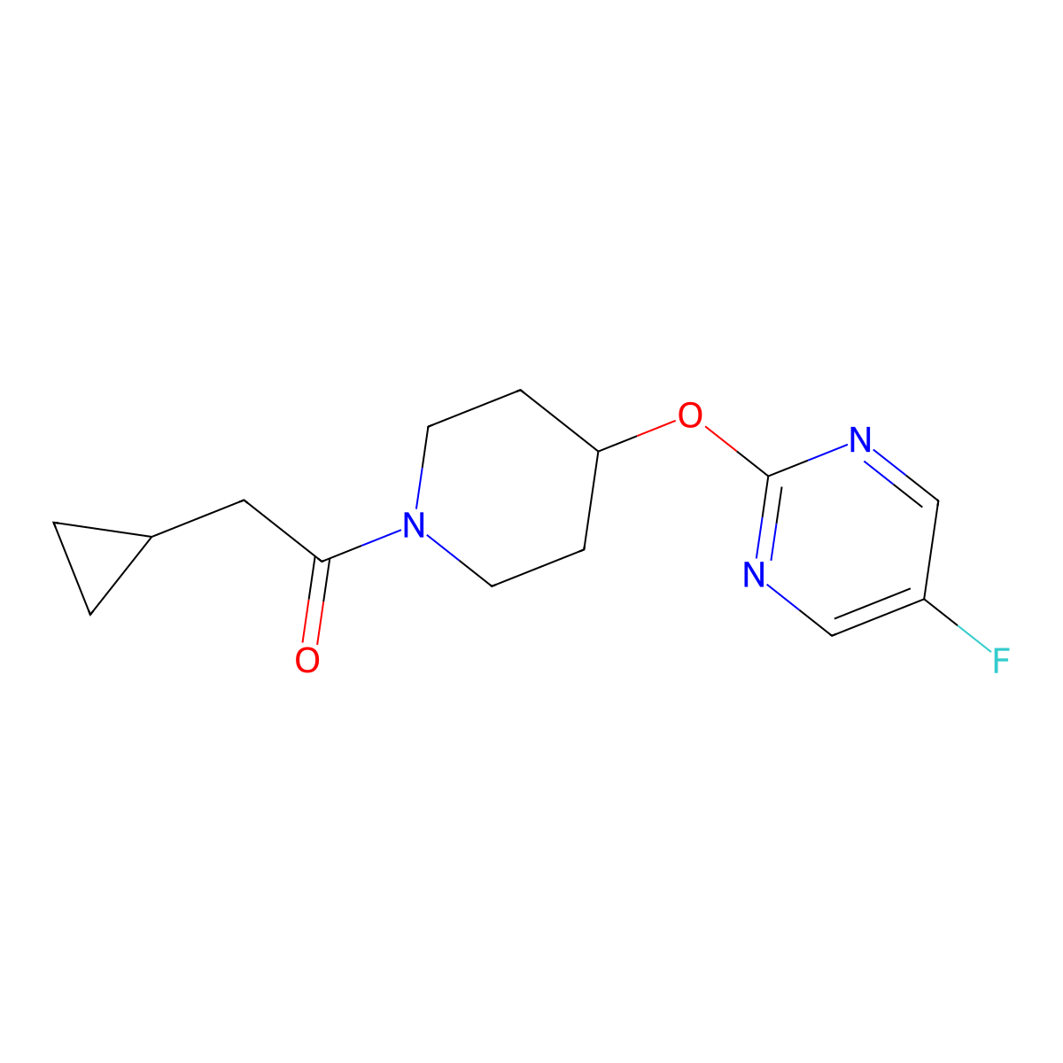 2-Cyclopropyl-1-{4-[(5-fluoropyrimidin-2-yl)oxy]piperidin-1-yl}ethan-1-one molecular structure, CAS 2380172-07-4