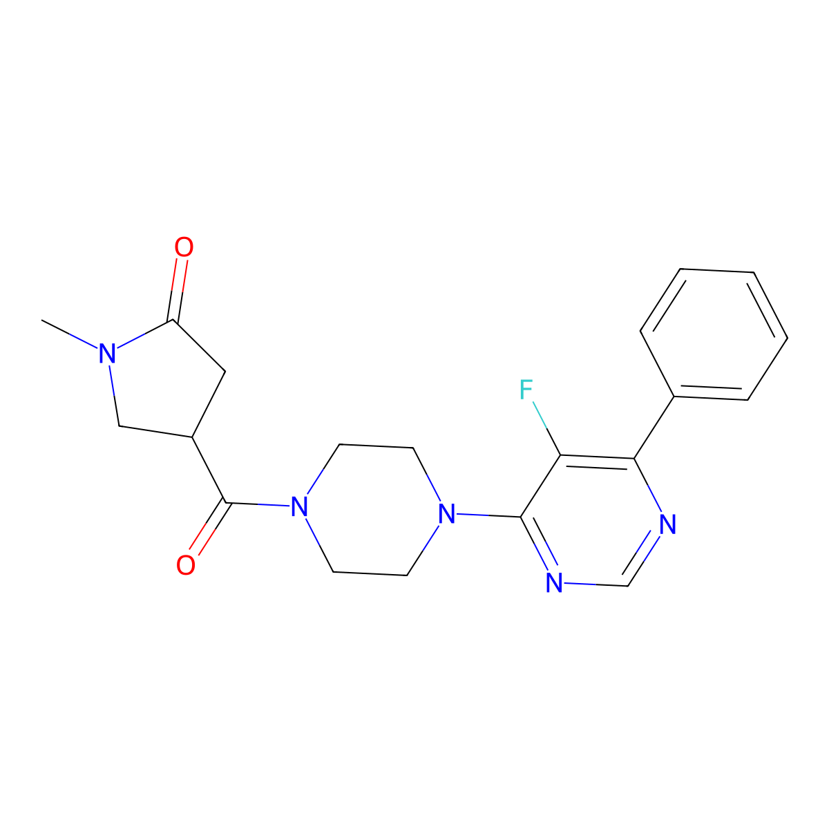 4-[4-(5-Fluoro-6-phenylpyrimidin-4-yl)piperazine-1-carbonyl]-1-methylpyrrolidin-2-one molecular structure, CAS 2380172-21-2