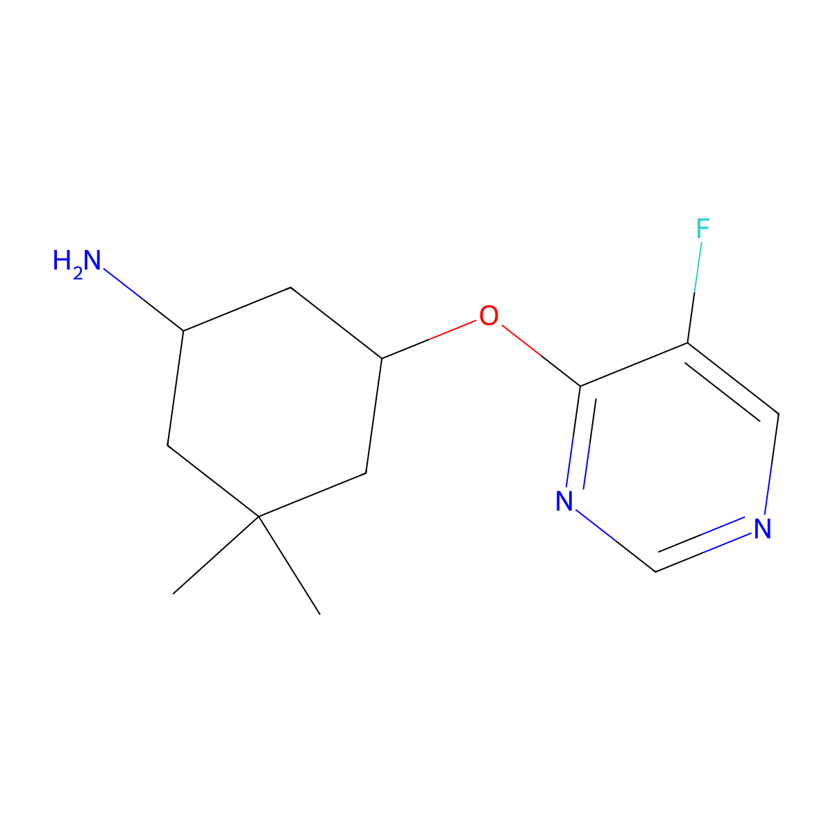 5-[(5-Fluoropyrimidin-4-yl)oxy]-3,3-dimethylcyclohexan-1-amine molecular structure, CAS 2380172-23-4