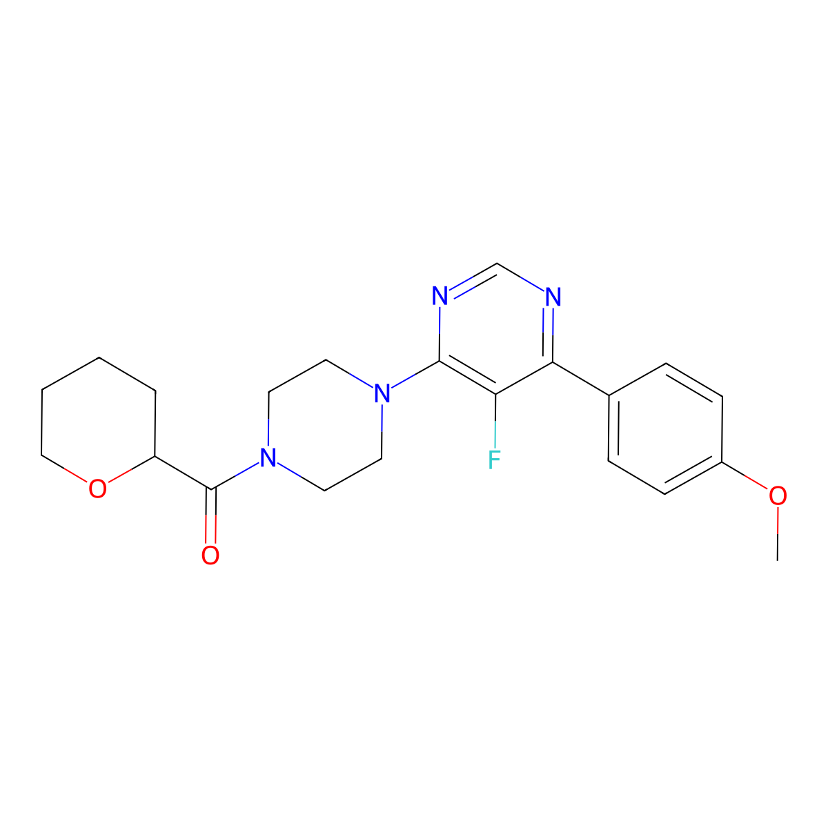 5-Fluoro-4-(4-methoxyphenyl)-6-[4-(oxane-2-carbonyl)piperazin-1-yl]pyrimidine molecular structure, CAS 2380172-24-5