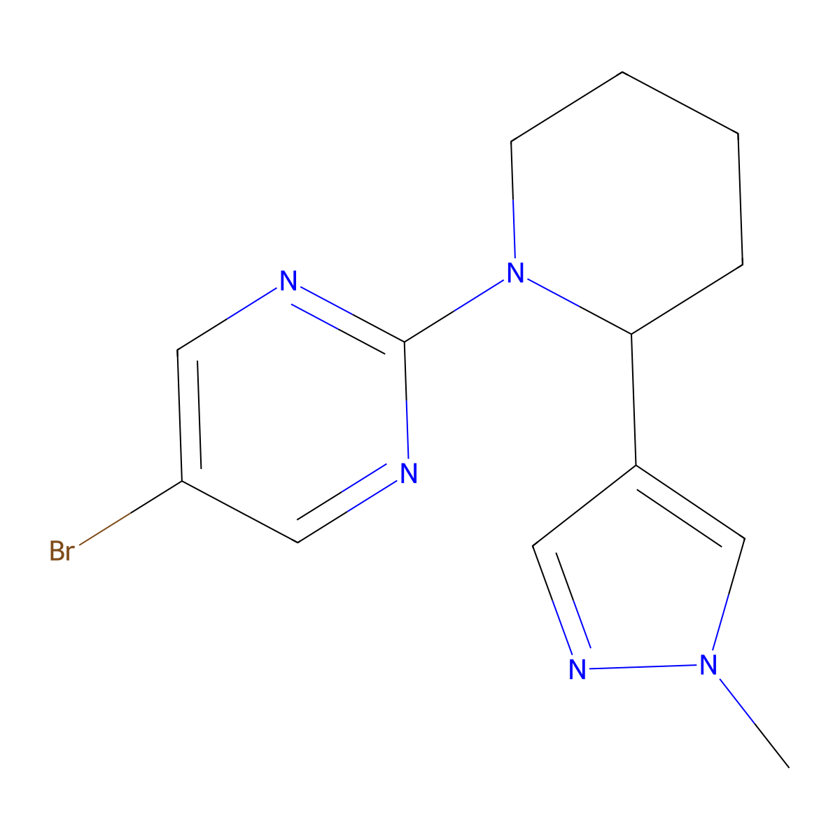 5-bromo-2-[2-(1-methyl-1H-pyrazol-4-yl)piperidin-1-yl]pyrimidine molecular structure, CAS 2380172-31-4