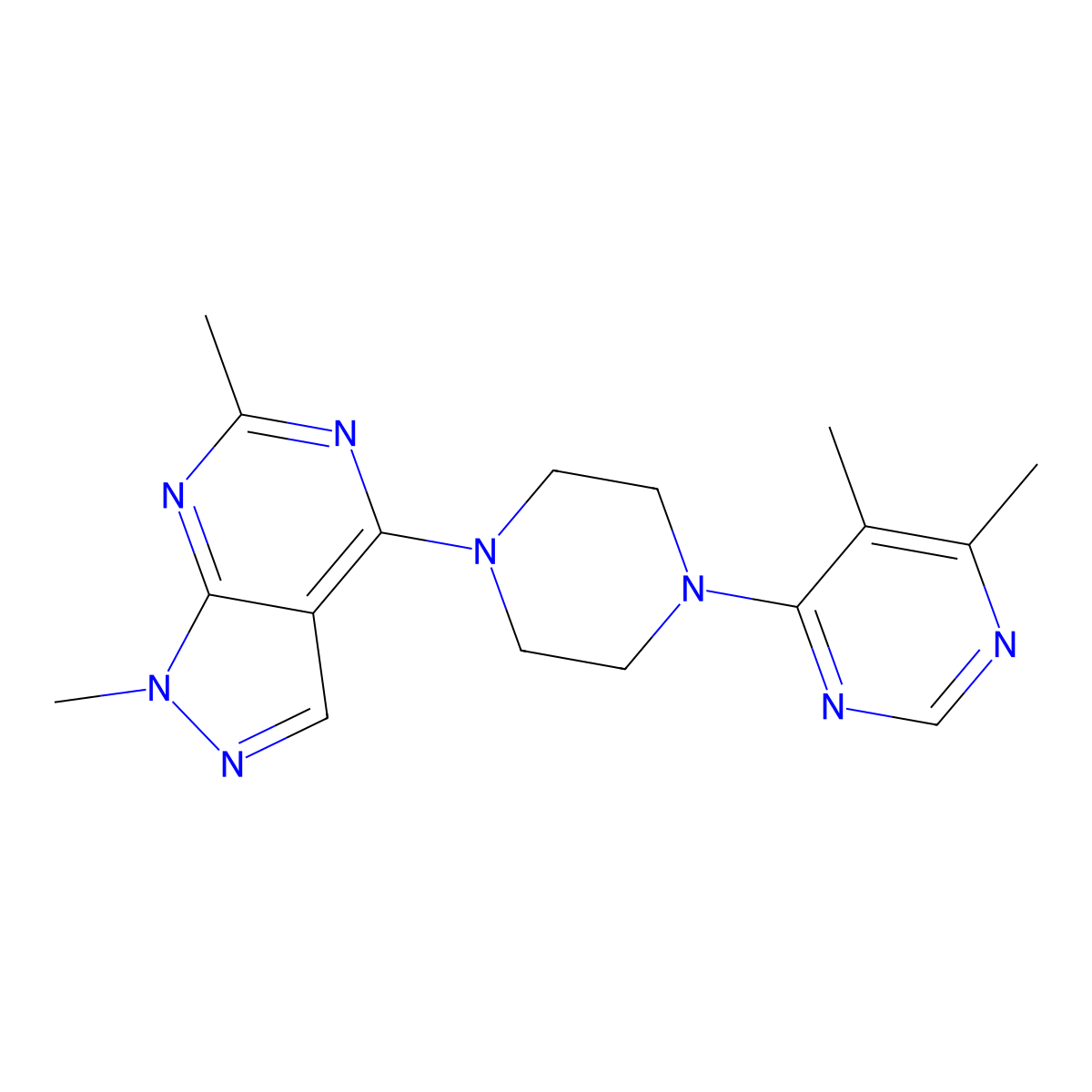 4-(4-{1,6-dimethyl-1H-pyrazolo[3,4-d]pyrimidin-4-yl}piperazin-1-yl)-5,6-dimethylpyrimidine molecular structure, CAS 2380172-33-6