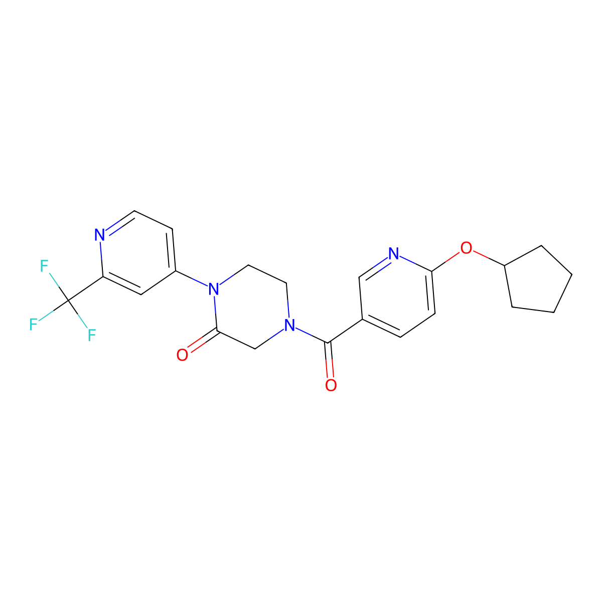 4-[6-(Cyclopentyloxy)pyridine-3-carbonyl]-1-[2-(trifluoromethyl)pyridin-4-yl]piperazin-2-one molecular structure, CAS 2380172-40-5