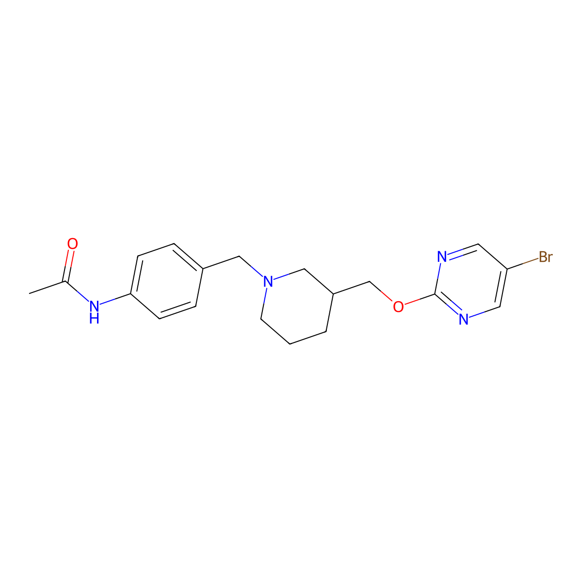 N-{4-[(3-{[(5-bromopyrimidin-2-yl)oxy]methyl}piperidin-1-yl)methyl]phenyl}acetamide molecular structure, CAS 2380172-53-0