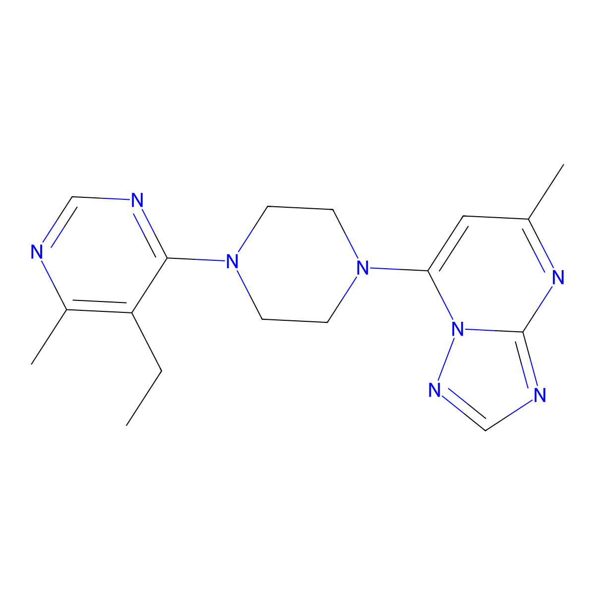 5-Ethyl-4-methyl-6-(4-{5-methyl-[1,2,4]triazolo[1,5-a]pyrimidin-7-yl}piperazin-1-yl)pyrimidine molecular structure, CAS 2380172-57-4