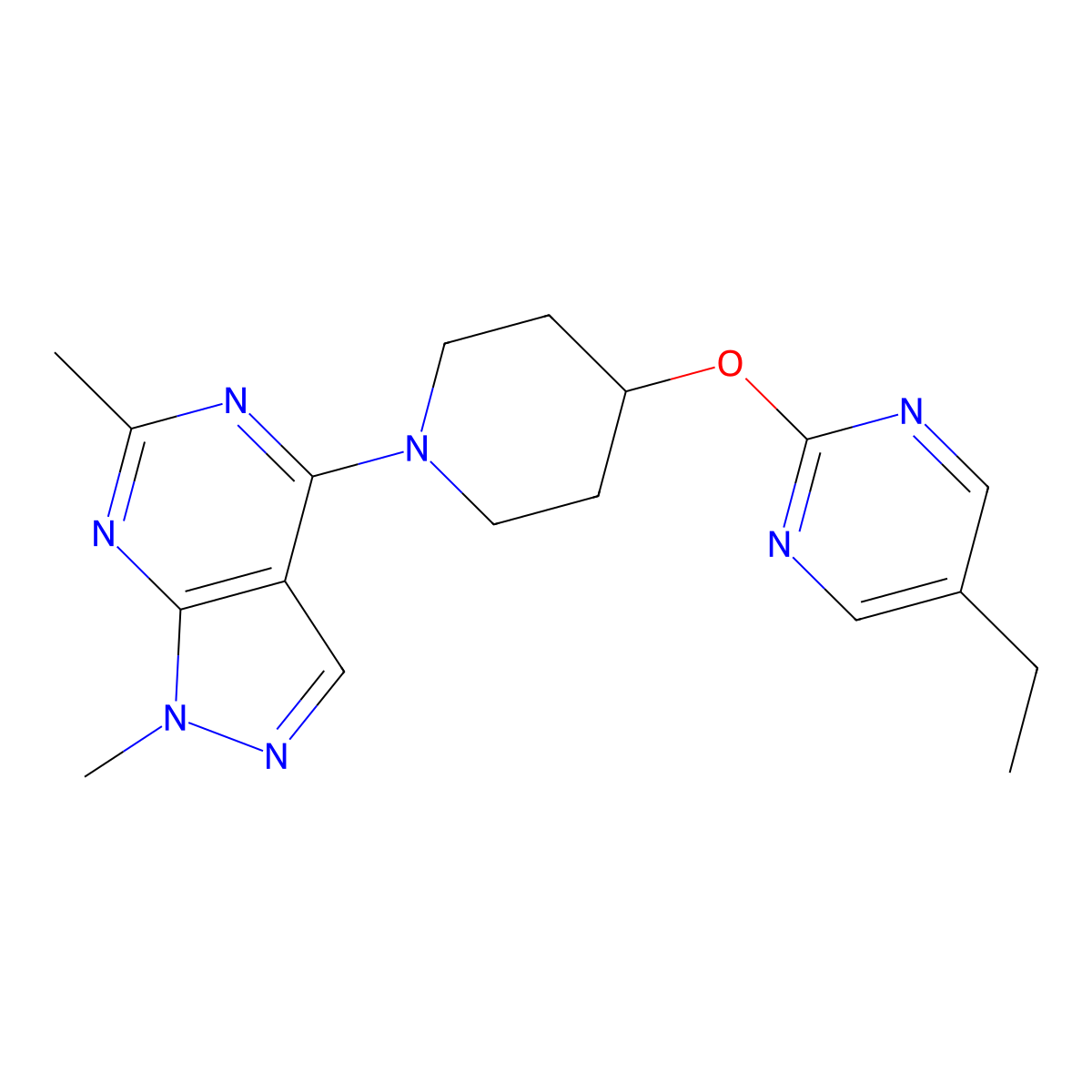 2-[(1-{1,6-dimethyl-1H-pyrazolo[3,4-d]pyrimidin-4-yl}piperidin-4-yl)oxy]-5-ethylpyrimidine molecular structure, CAS 2380172-71-2