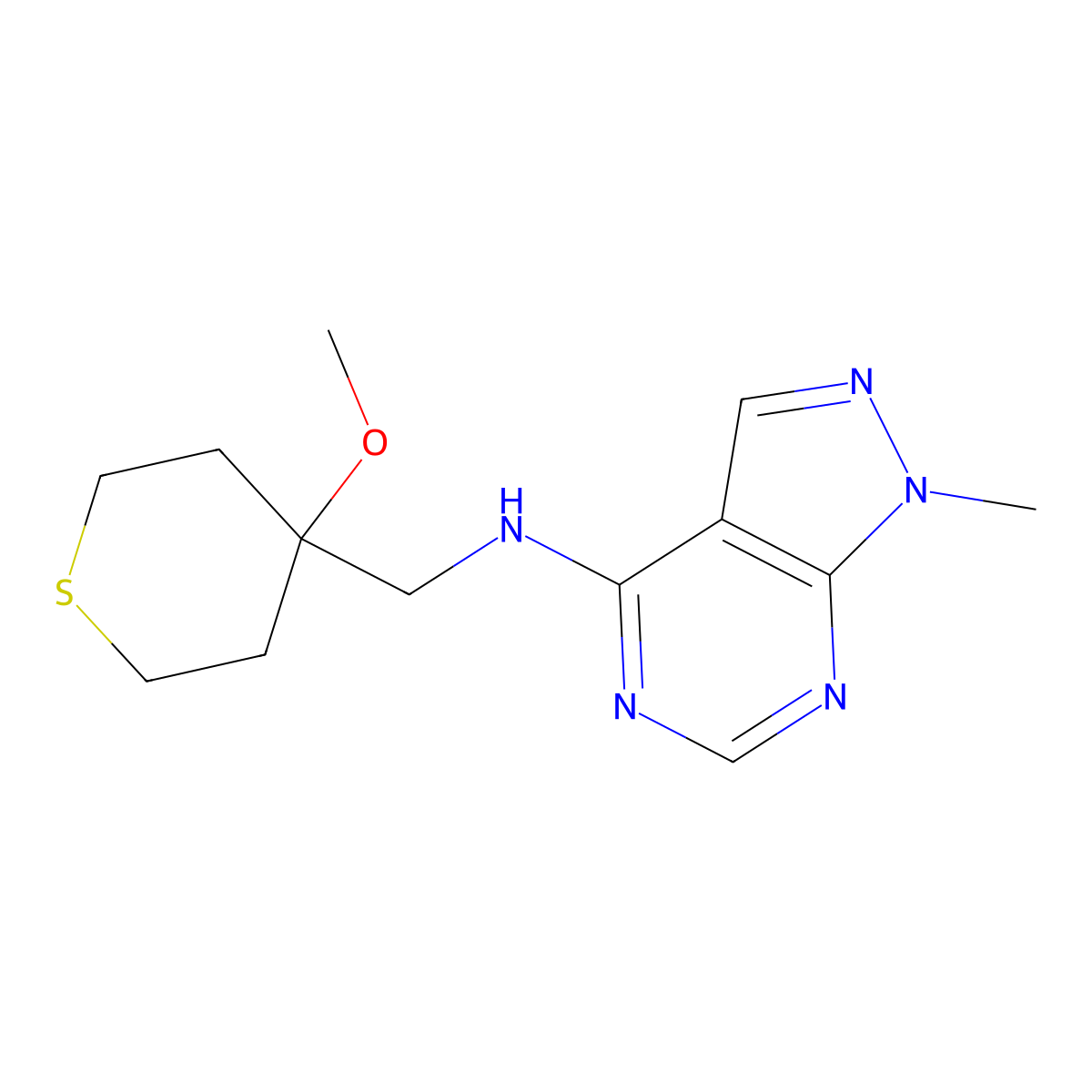 N-[(4-methoxythian-4-yl)methyl]-1-methyl-1H-pyrazolo[3,4-d]pyrimidin-4-amine molecular structure, CAS 2380172-79-0