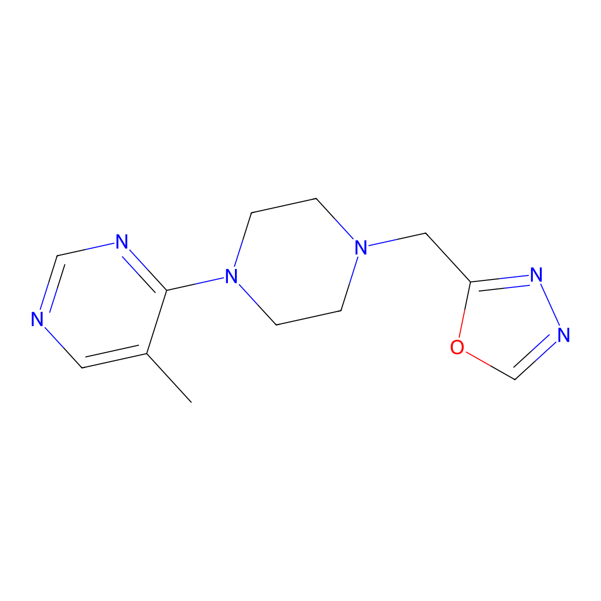 5-Methyl-4-{4-[(1,3,4-oxadiazol-2-yl)methyl]piperazin-1-yl}pyrimidine molecular structure, CAS 2380172-91-6