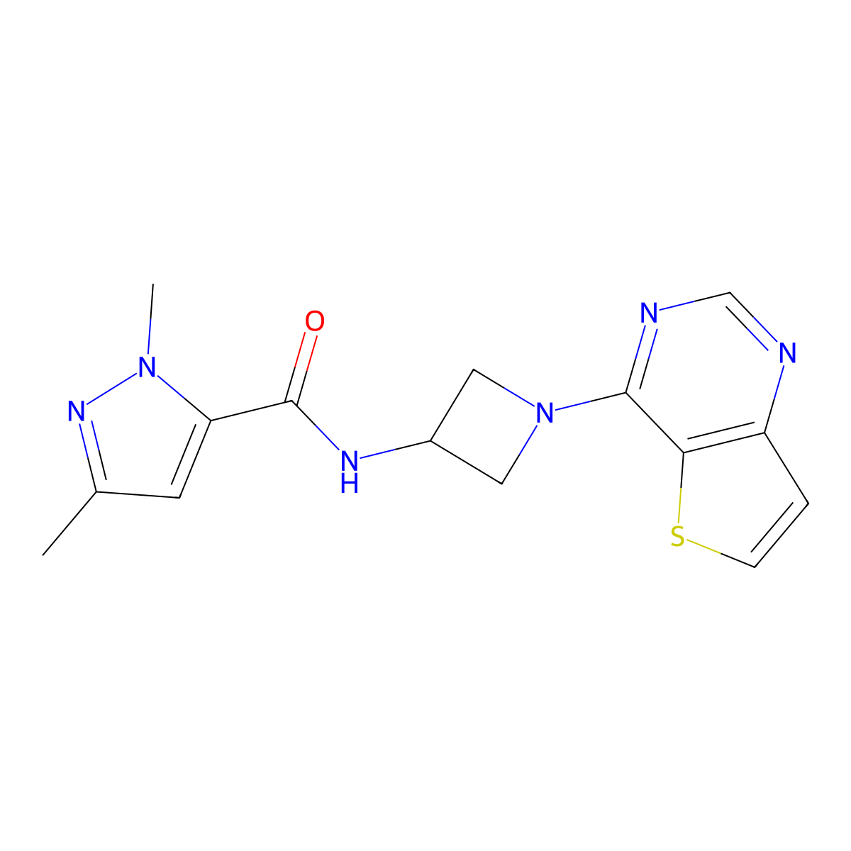 1,3-dimethyl-N-(1-{thieno[3,2-d]pyrimidin-4-yl}azetidin-3-yl)-1H-pyrazole-5-carboxamide molecular structure, CAS 2380173-27-1