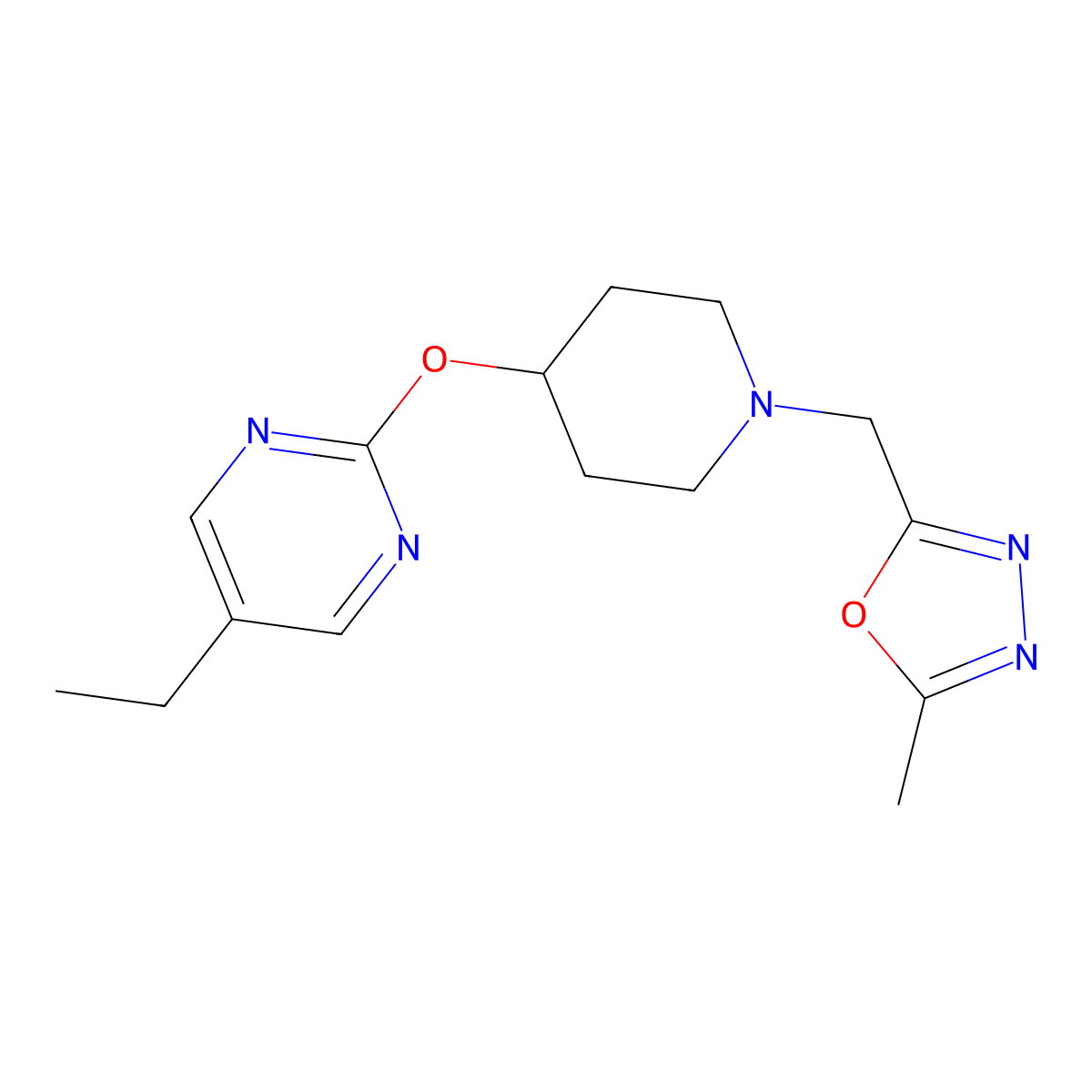 5-Ethyl-2-({1-[(5-methyl-1,3,4-oxadiazol-2-yl)methyl]piperidin-4-yl}oxy)pyrimidine molecular structure, CAS 2380173-31-7