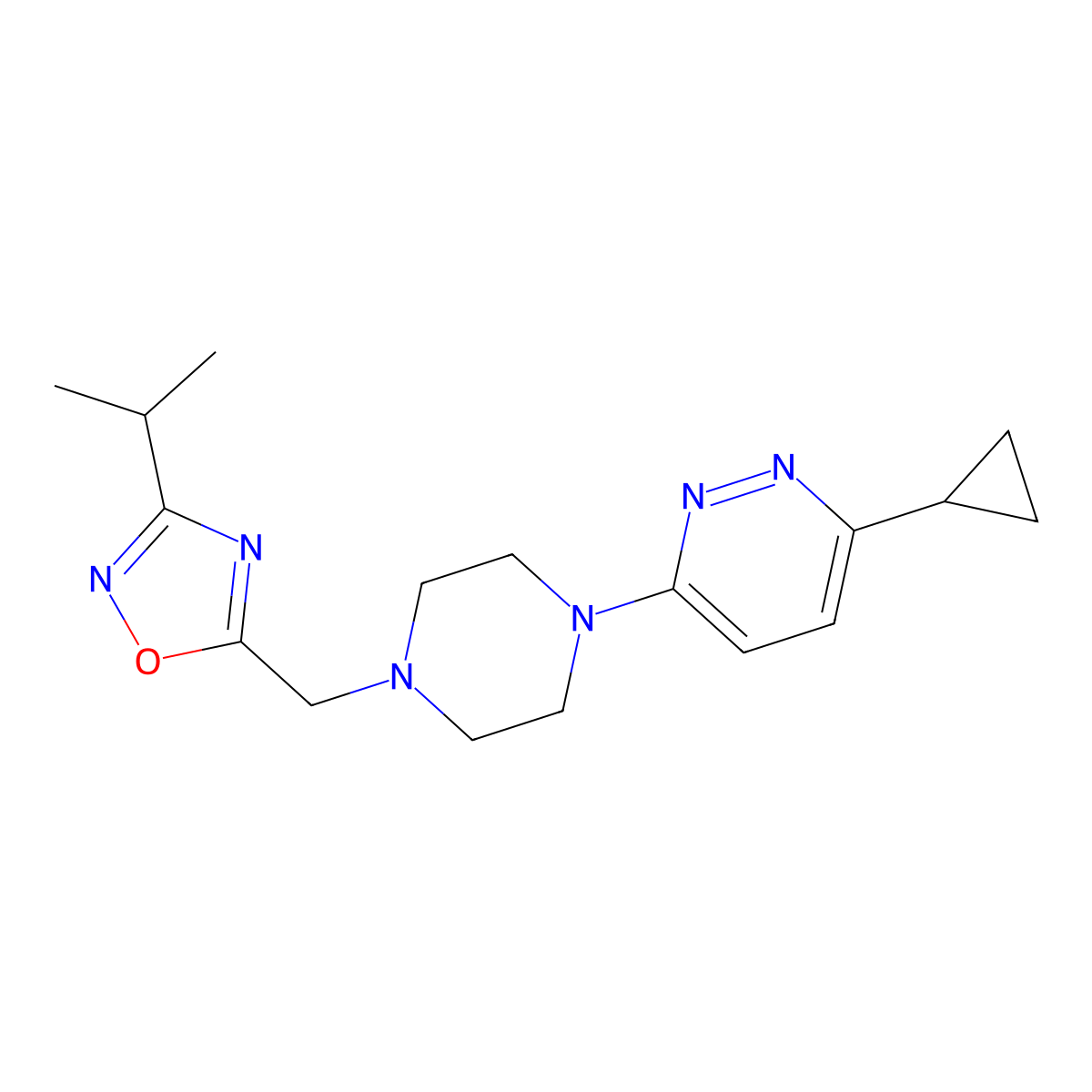3-Cyclopropyl-6-(4-{[3-(propan-2-yl)-1,2,4-oxadiazol-5-yl]methyl}piperazin-1-yl)pyridazine molecular structure, CAS 2380173-38-4