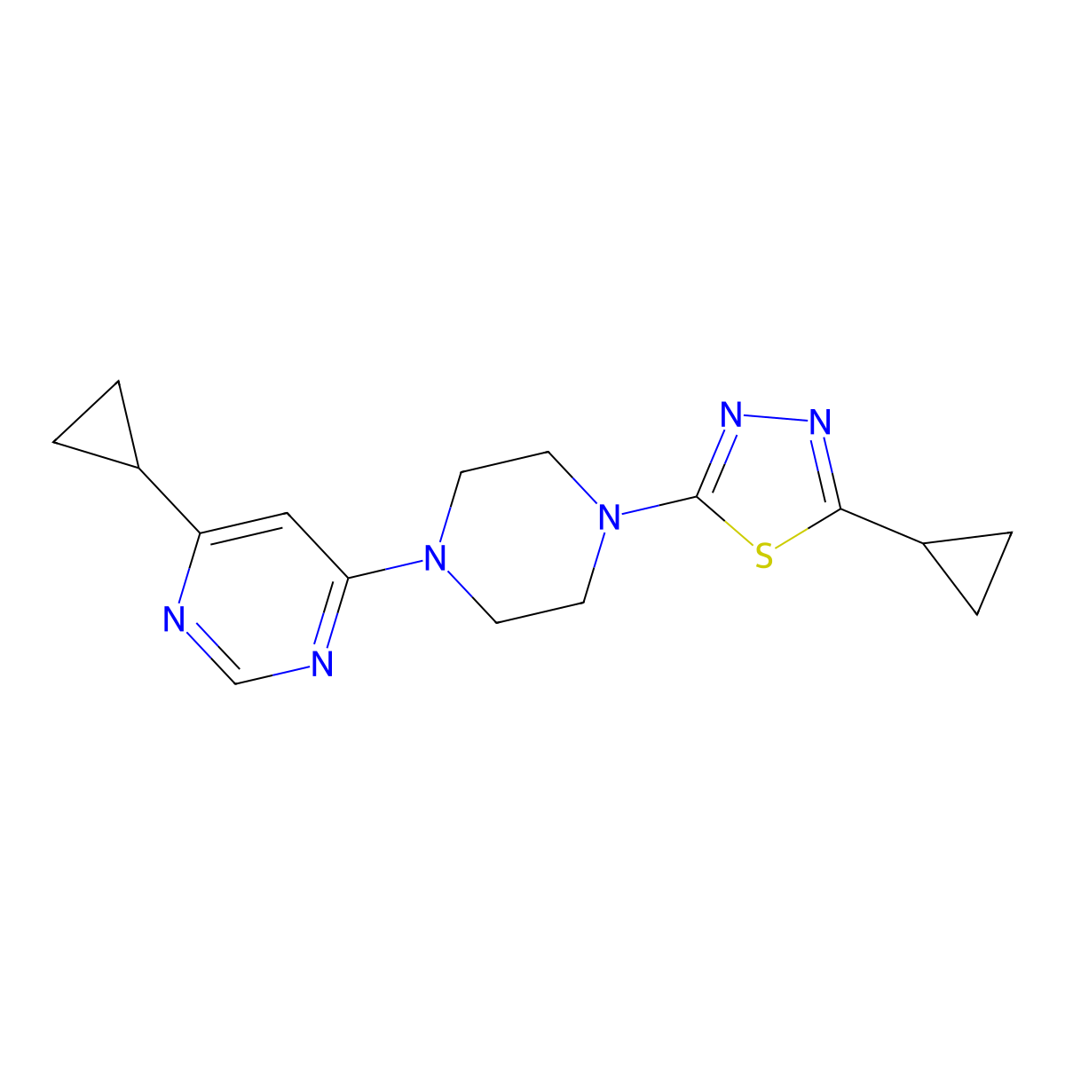 4-Cyclopropyl-6-[4-(5-cyclopropyl-1,3,4-thiadiazol-2-yl)piperazin-1-yl]pyrimidine molecular structure, CAS 2380173-66-8