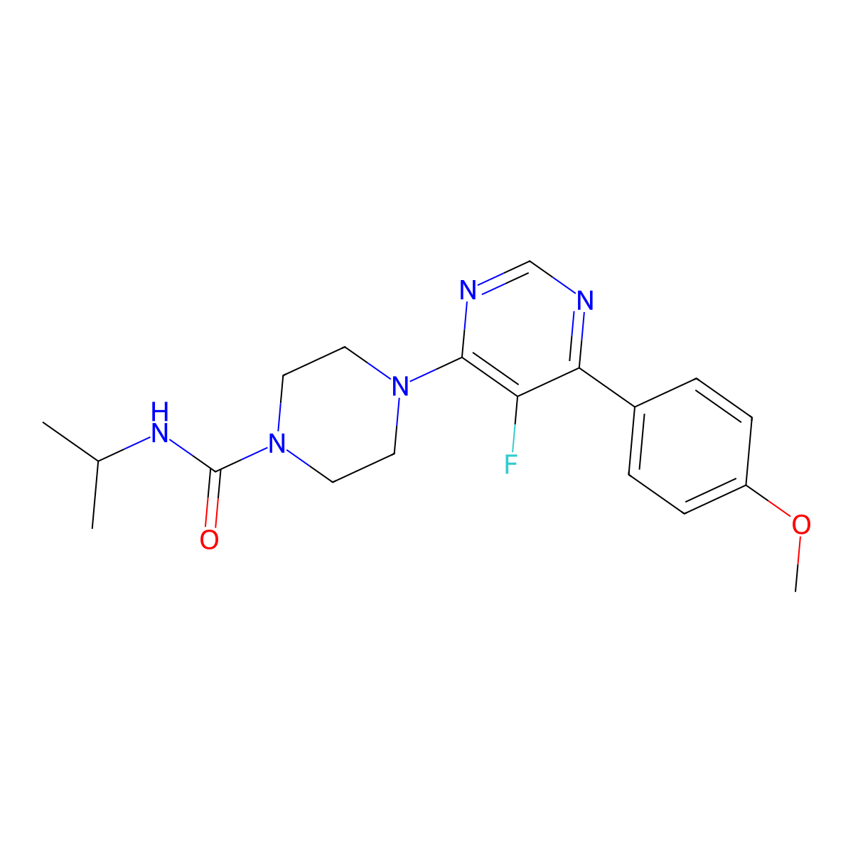 4-[5-fluoro-6-(4-methoxyphenyl)pyrimidin-4-yl]-N-(propan-2-yl)piperazine-1-carboxamide molecular structure, CAS 2380173-78-2