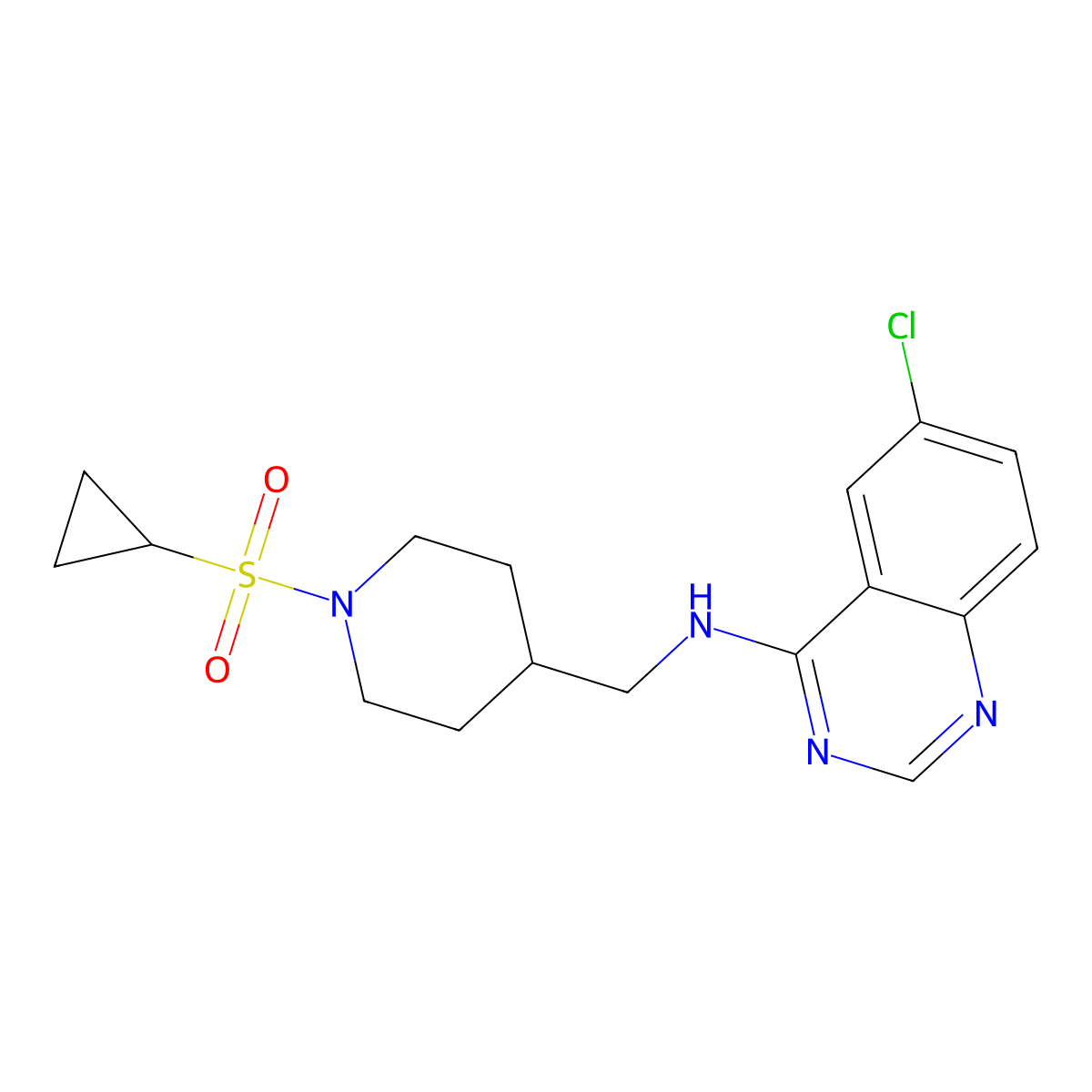 6-chloro-N-{[1-(cyclopropanesulfonyl)piperidin-4-yl]methyl}quinazolin-4-amine molecular structure, CAS 2380174-06-9