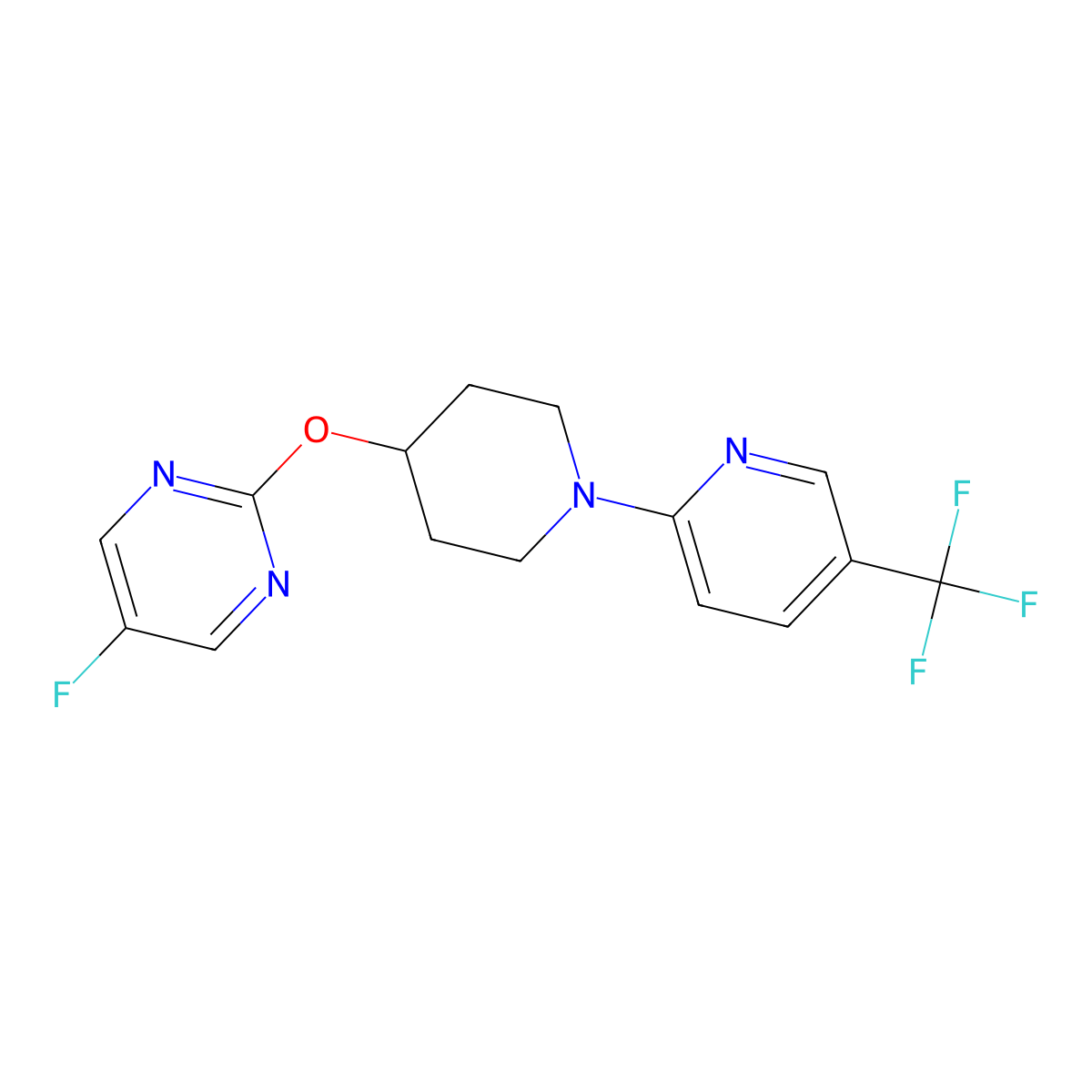 5-Fluoro-2-({1-[5-(trifluoromethyl)pyridin-2-yl]piperidin-4-yl}oxy)pyrimidine molecular structure, CAS 2380174-07-0