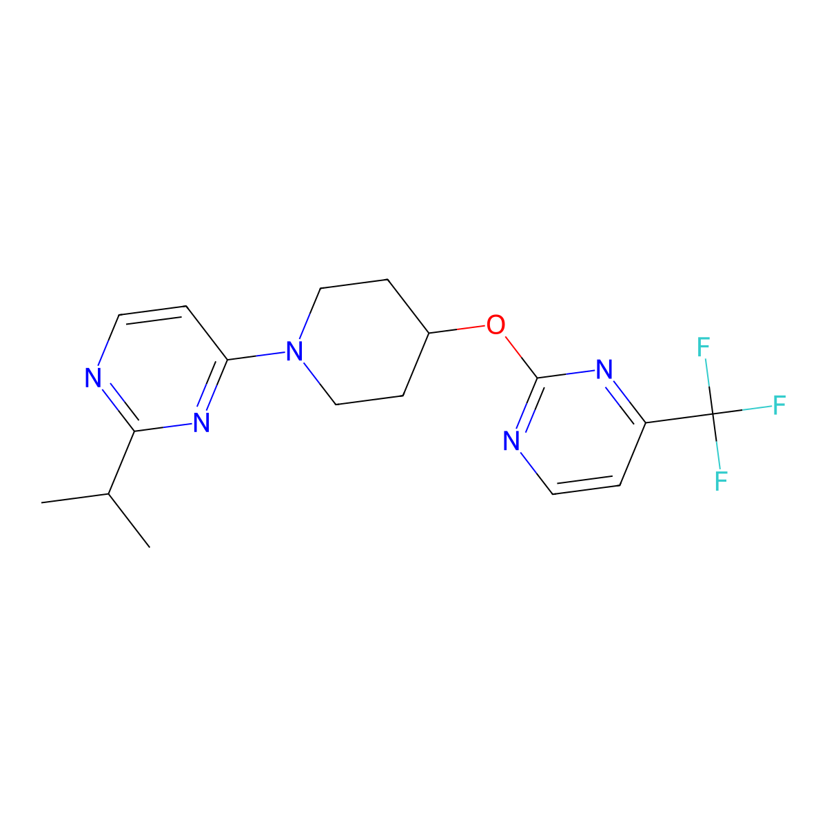 2-(Propan-2-yl)-4-(4-{[4-(trifluoromethyl)pyrimidin-2-yl]oxy}piperidin-1-yl)pyrimidine molecular structure, CAS 2380174-12-7