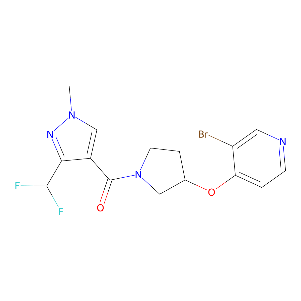 3-bromo-4-({1-[3-(difluoromethyl)-1-methyl-1H-pyrazole-4-carbonyl]pyrrolidin-3-yl}oxy)pyridine molecular structure, CAS 2380174-25-2