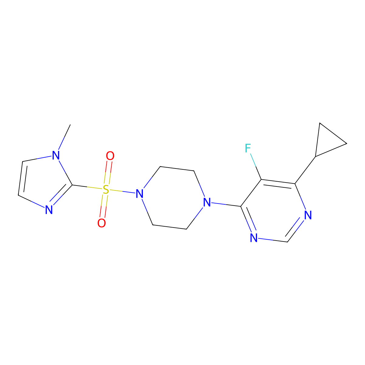 4-cyclopropyl-5-fluoro-6-{4-[(1-methyl-1H-imidazol-2-yl)sulfonyl]piperazin-1-yl}pyrimidine molecular structure, CAS 2380174-40-1