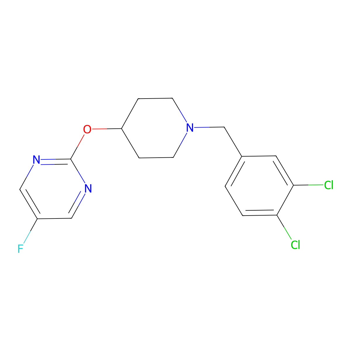 2-({1-[(3,4-Dichlorophenyl)methyl]piperidin-4-yl}oxy)-5-fluoropyrimidine molecular structure, CAS 2380174-47-8