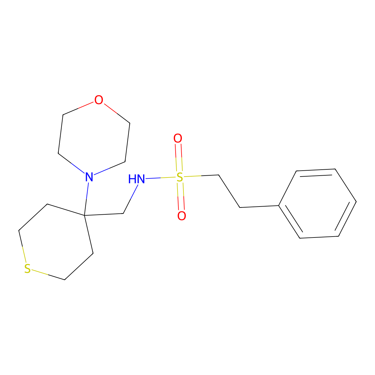 N-{[4-(morpholin-4-yl)thian-4-yl]methyl}-2-phenylethane-1-sulfonamide molecular structure, CAS 2380174-48-9