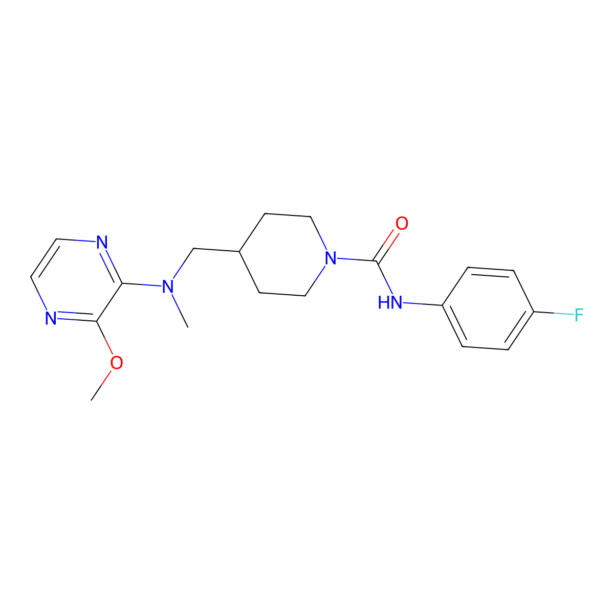 N-(4-fluorophenyl)-4-{[(3-methoxypyrazin-2-yl)(methyl)amino]methyl}piperidine-1-carboxamide molecular structure, CAS 2380174-96-7