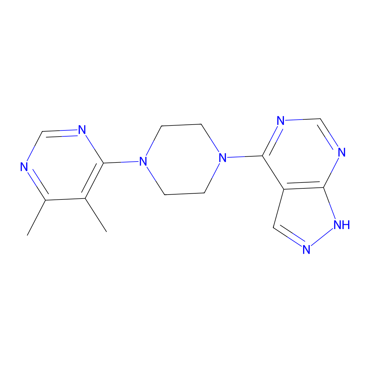 4,5-dimethyl-6-(4-{1H-pyrazolo[3,4-d]pyrimidin-4-yl}piperazin-1-yl)pyrimidine molecular structure, CAS 2380174-98-9
