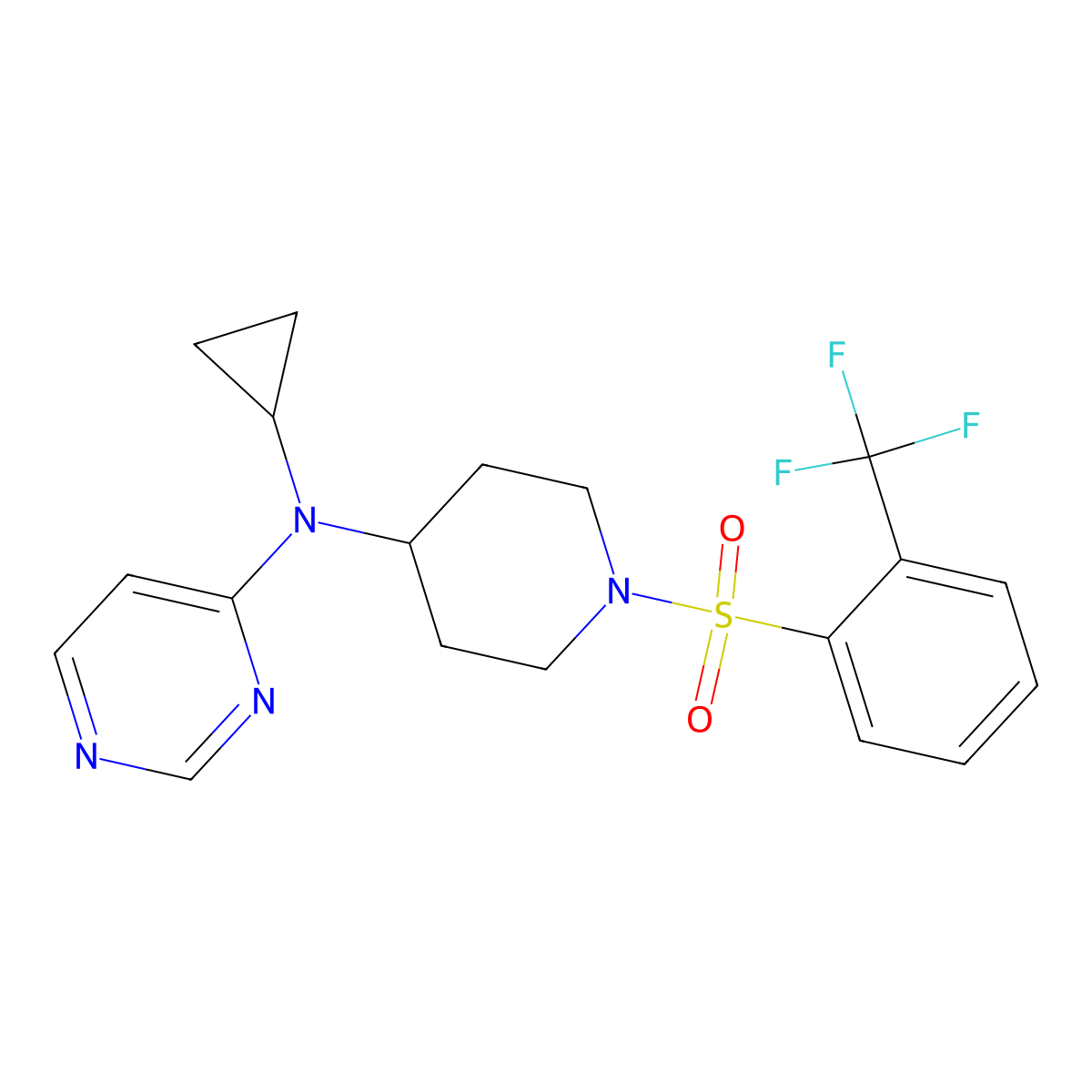 N-cyclopropyl-N-{1-[2-(trifluoromethyl)benzenesulfonyl]piperidin-4-yl}pyrimidin-4-amine molecular structure, CAS 2380175-02-8