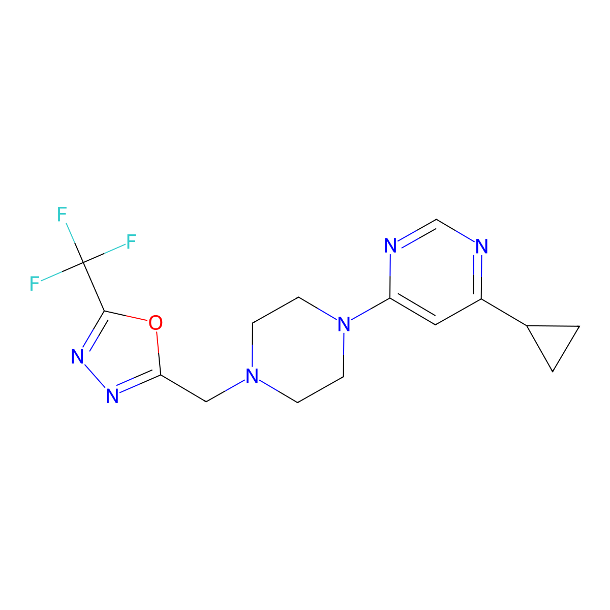 4-Cyclopropyl-6-(4-{[5-(trifluoromethyl)-1,3,4-oxadiazol-2-yl]methyl}piperazin-1-yl)pyrimidine molecular structure, CAS 2380175-10-8