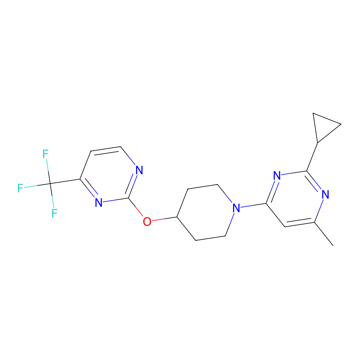 2-Cyclopropyl-4-methyl-6-(4-{[4-(trifluoromethyl)pyrimidin-2-yl]oxy}piperidin-1-yl)pyrimidine molecular structure, CAS 2380175-14-2