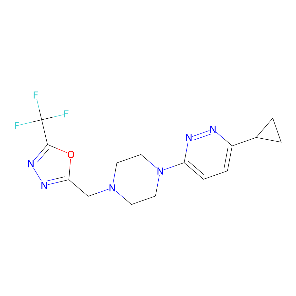 3-Cyclopropyl-6-(4-{[5-(trifluoromethyl)-1,3,4-oxadiazol-2-yl]methyl}piperazin-1-yl)pyridazine molecular structure, CAS 2380175-16-4