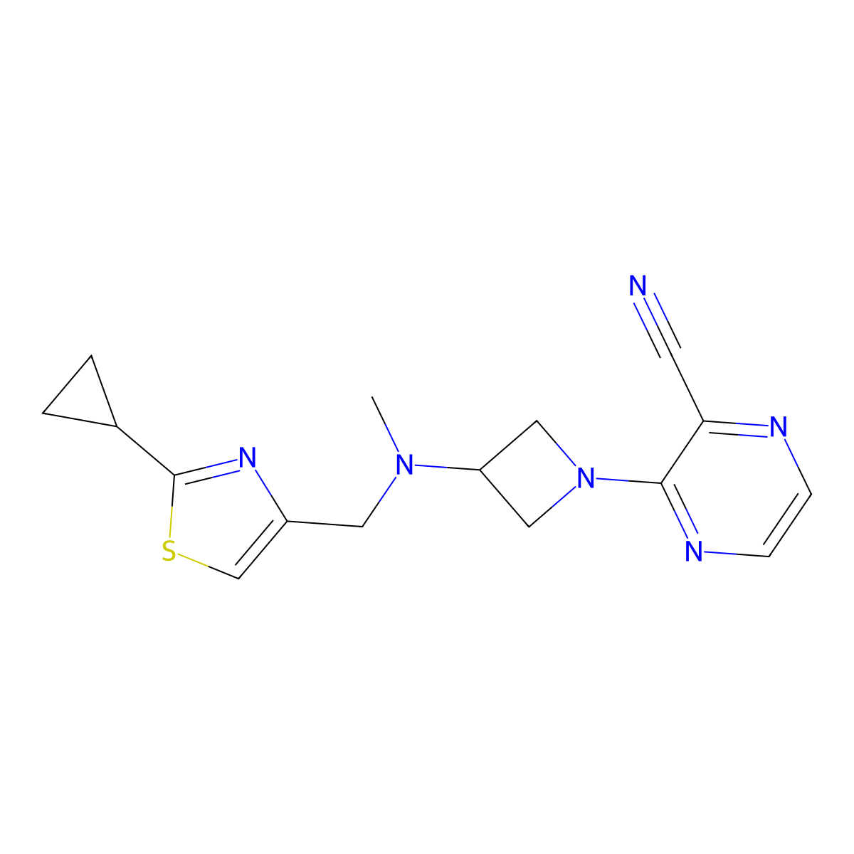 3-(3-{[(2-Cyclopropyl-1,3-thiazol-4-yl)methyl](methyl)amino}azetidin-1-yl)pyrazine-2-carbonitrile molecular structure, CAS 2380175-24-4
