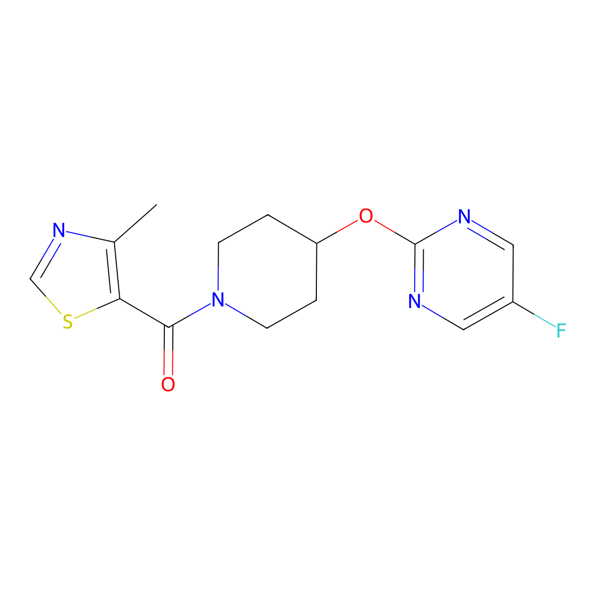 5-Fluoro-2-{[1-(4-methyl-1,3-thiazole-5-carbonyl)piperidin-4-yl]oxy}pyrimidine molecular structure, CAS 2380175-35-7