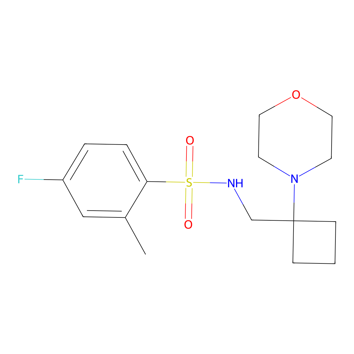 4-fluoro-2-methyl-N-{[1-(morpholin-4-yl)cyclobutyl]methyl}benzene-1-sulfonamide molecular structure, CAS 2380175-41-5