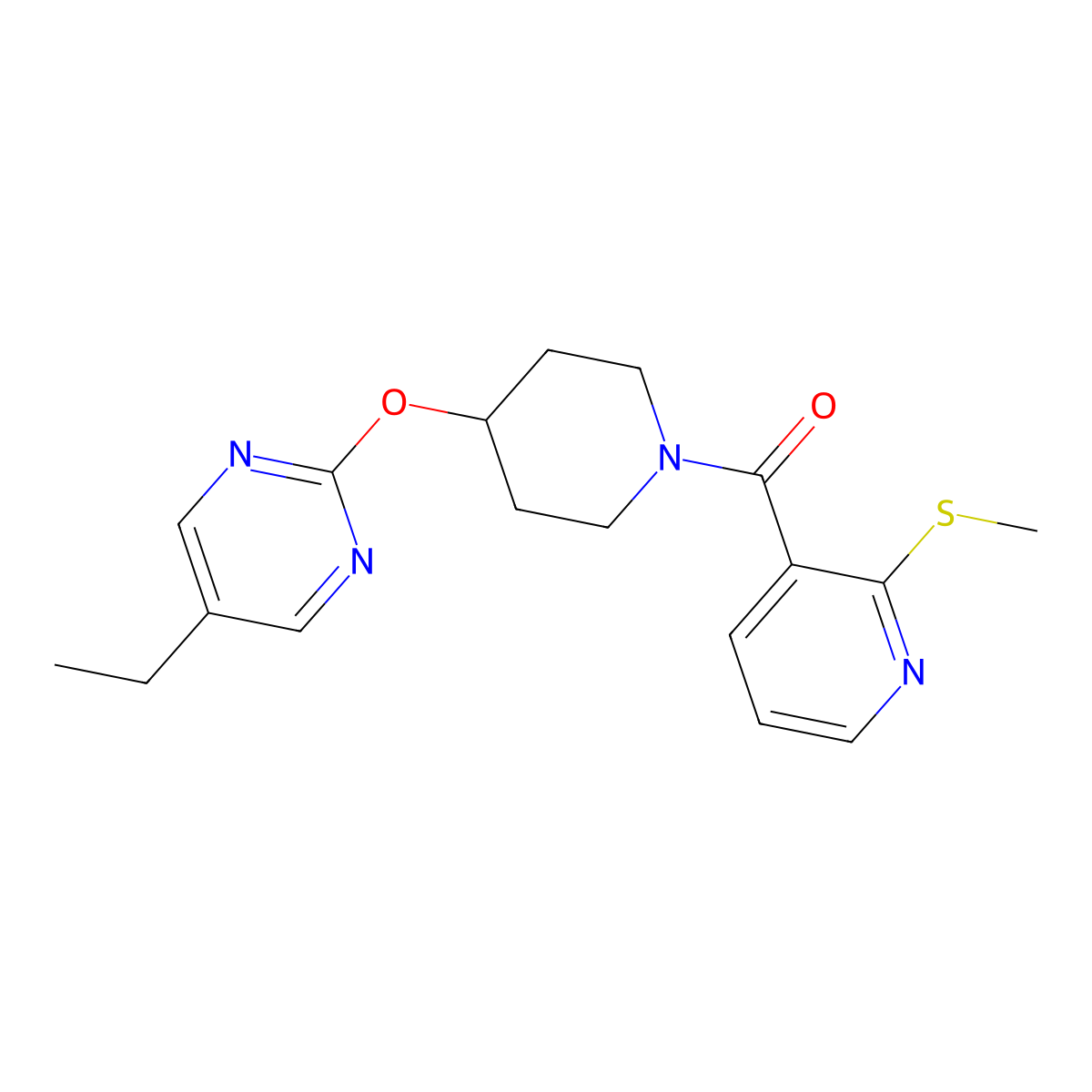 5-Ethyl-2-({1-[2-(methylsulfanyl)pyridine-3-carbonyl]piperidin-4-yl}oxy)pyrimidine molecular structure, CAS 2380175-50-6