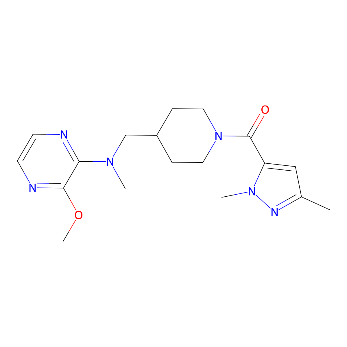 N-{[1-(1,3-dimethyl-1H-pyrazole-5-carbonyl)piperidin-4-yl]methyl}-3-methoxy-N-methylpyrazin-2-amine molecular structure, CAS 2380175-53-9