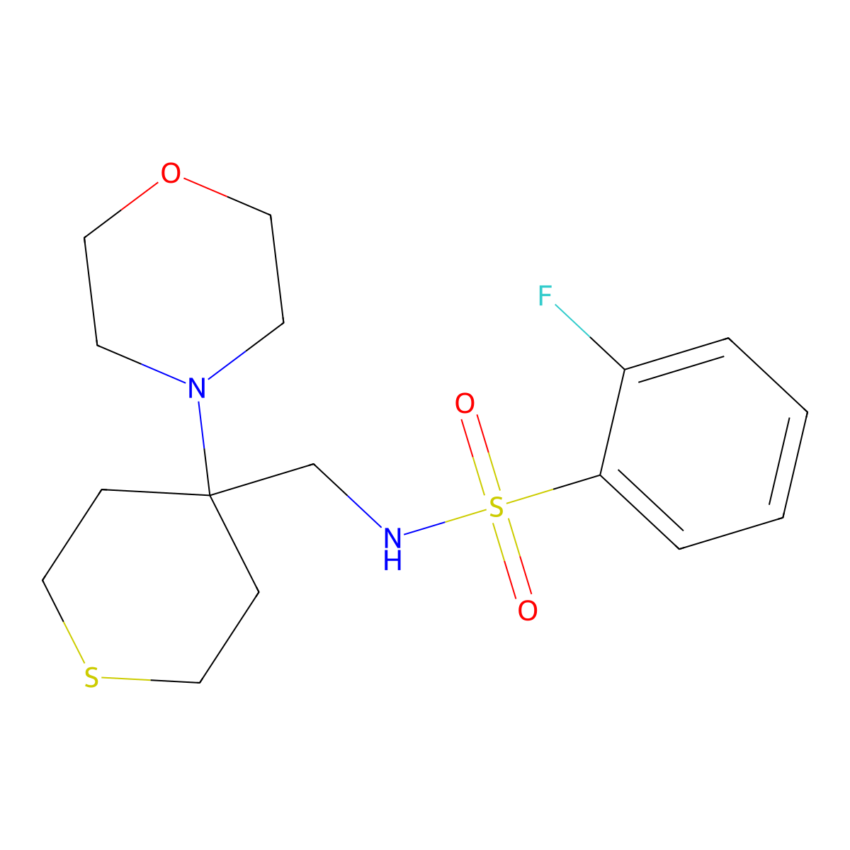 2-fluoro-N-{[4-(morpholin-4-yl)thian-4-yl]methyl}benzene-1-sulfonamide molecular structure, CAS 2380175-66-4
