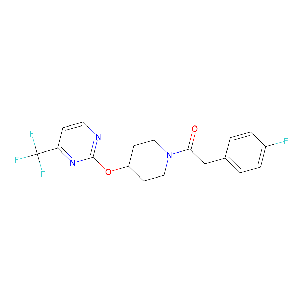 2-(4-Fluorophenyl)-1-(4-{[4-(trifluoromethyl)pyrimidin-2-yl]oxy}piperidin-1-yl)ethan-1-one molecular structure, CAS 2380175-72-2