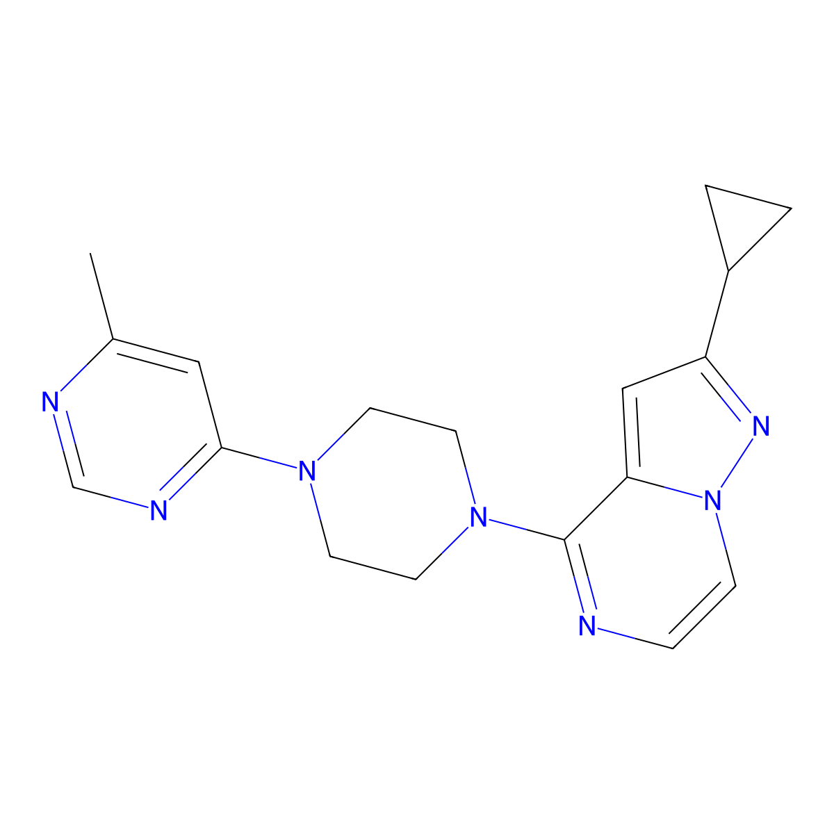 4-(4-{2-Cyclopropylpyrazolo[1,5-a]pyrazin-4-yl}piperazin-1-yl)-6-methylpyrimidine molecular structure, CAS 2380175-78-8
