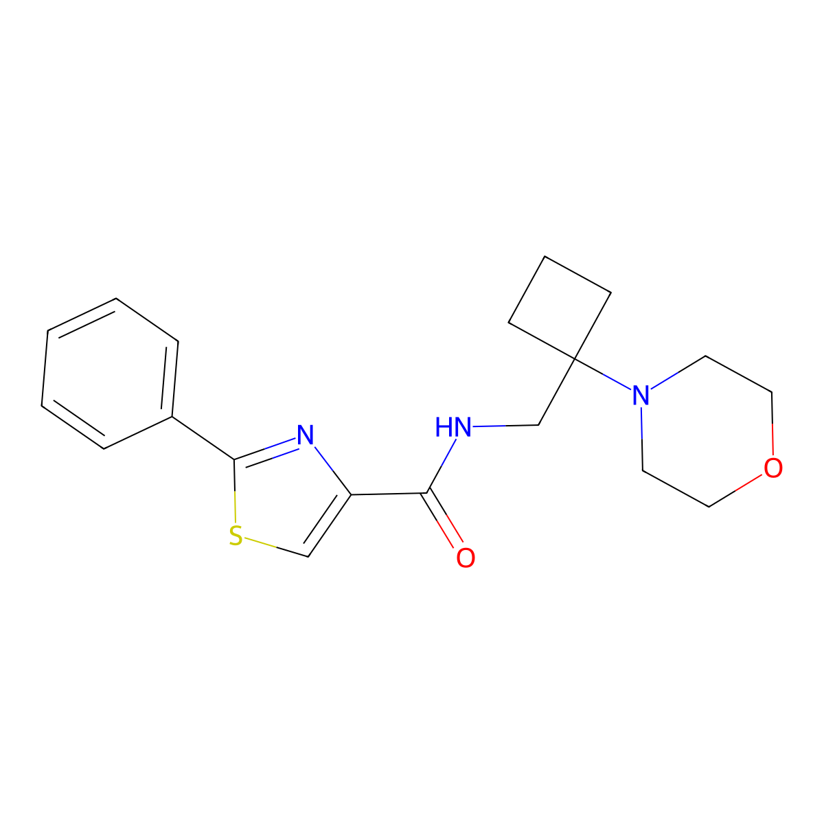 N-{[1-(morpholin-4-yl)cyclobutyl]methyl}-2-phenyl-1,3-thiazole-4-carboxamide molecular structure, CAS 2380175-93-7