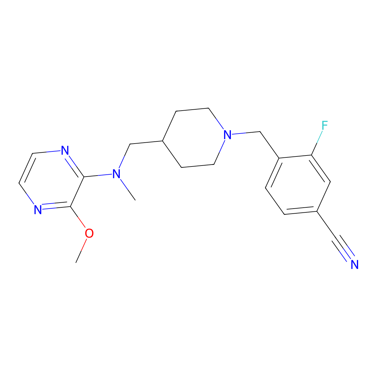 3-Fluoro-4-[(4-{[(3-methoxypyrazin-2-yl)(methyl)amino]methyl}piperidin-1-yl)methyl]benzonitrile molecular structure, CAS 2380176-07-6