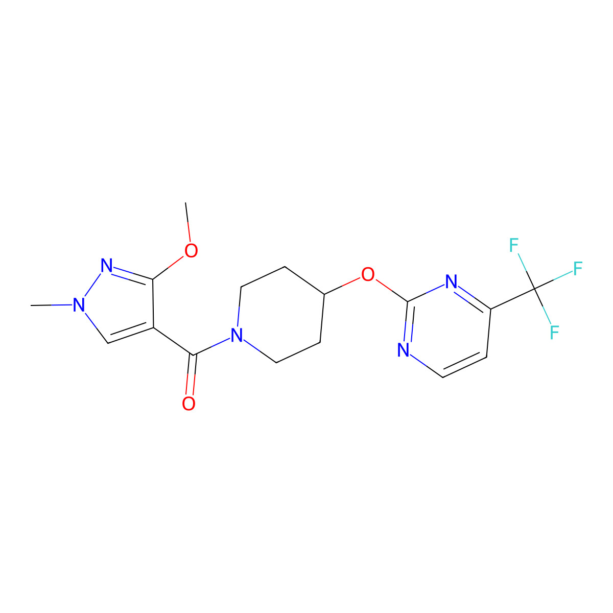2-{[1-(3-methoxy-1-methyl-1H-pyrazole-4-carbonyl)piperidin-4-yl]oxy}-4-(trifluoromethyl)pyrimidine molecular structure, CAS 2380176-10-1