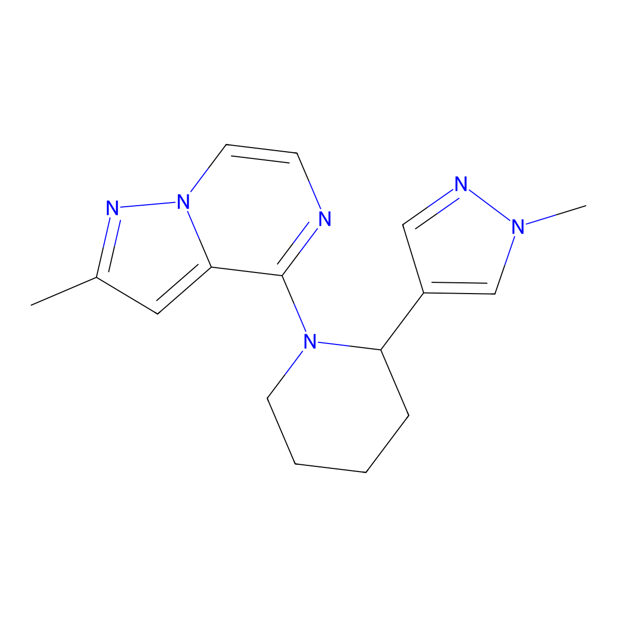 2-(1-methyl-1H-pyrazol-4-yl)-1-{2-methylpyrazolo[1,5-a]pyrazin-4-yl}piperidine molecular structure, CAS 2380176-16-7