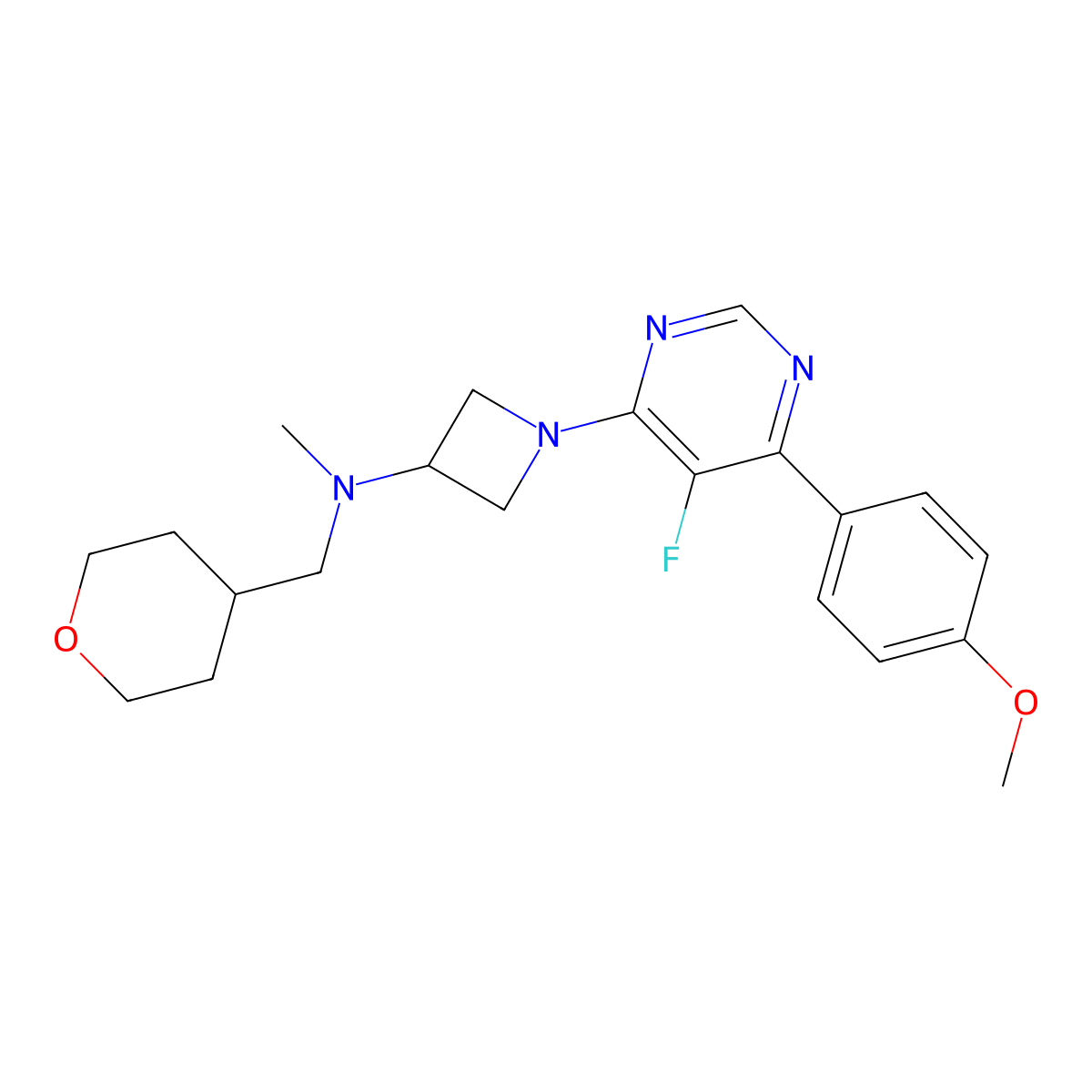 1-[5-fluoro-6-(4-methoxyphenyl)pyrimidin-4-yl]-N-methyl-N-[(oxan-4-yl)methyl]azetidin-3-amine molecular structure, CAS 2380176-30-5