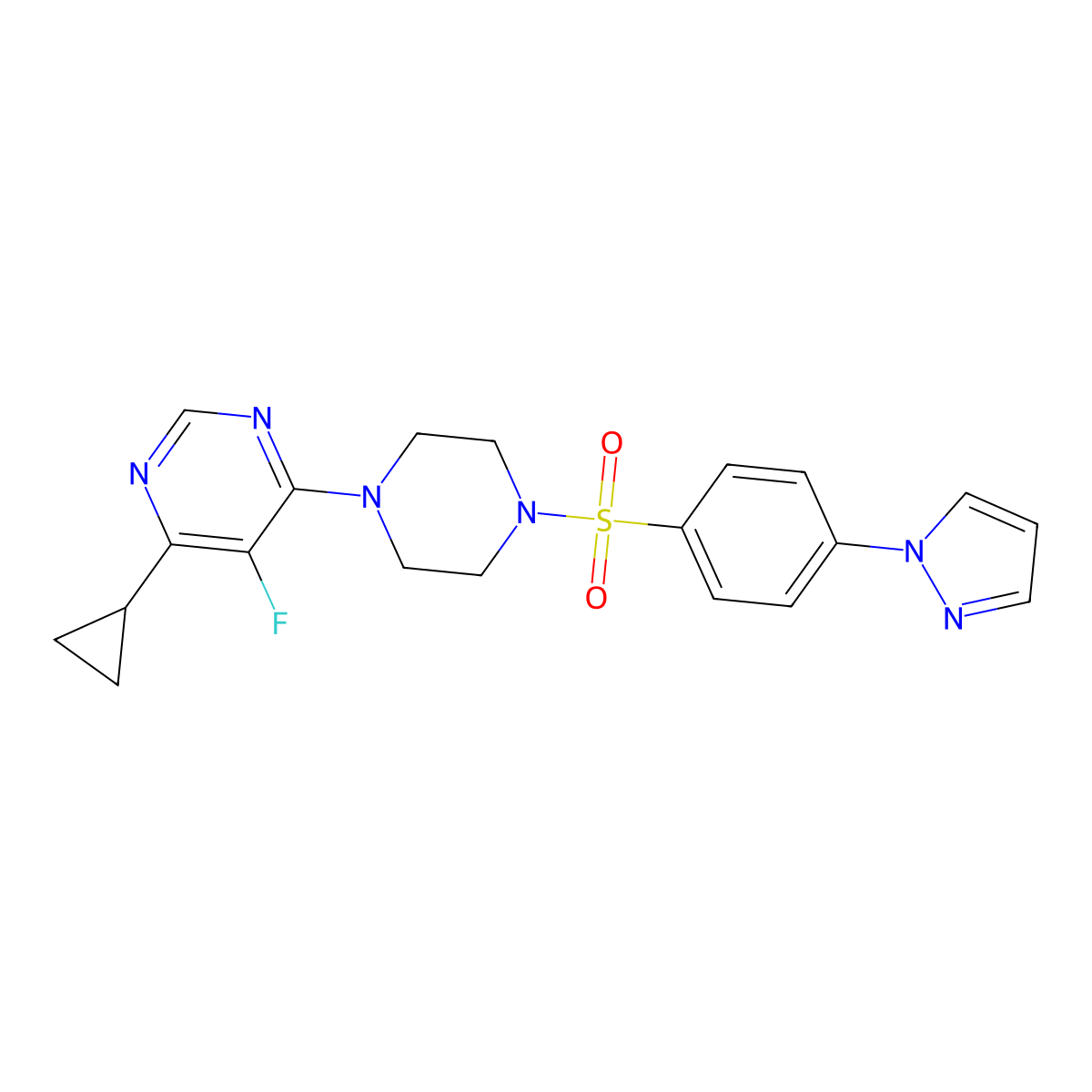 4-cyclopropyl-5-fluoro-6-{4-[4-(1H-pyrazol-1-yl)benzenesulfonyl]piperazin-1-yl}pyrimidine molecular structure, CAS 2380176-32-7