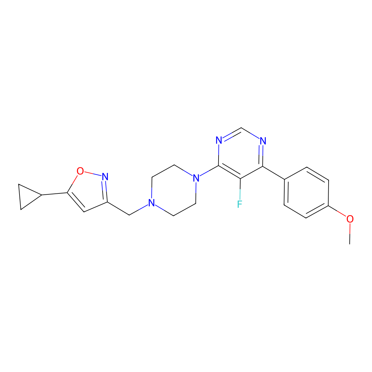 4-{4-[(5-Cyclopropyl-1,2-oxazol-3-yl)methyl]piperazin-1-yl}-5-fluoro-6-(4-methoxyphenyl)pyrimidine molecular structure, CAS 2380176-43-0
