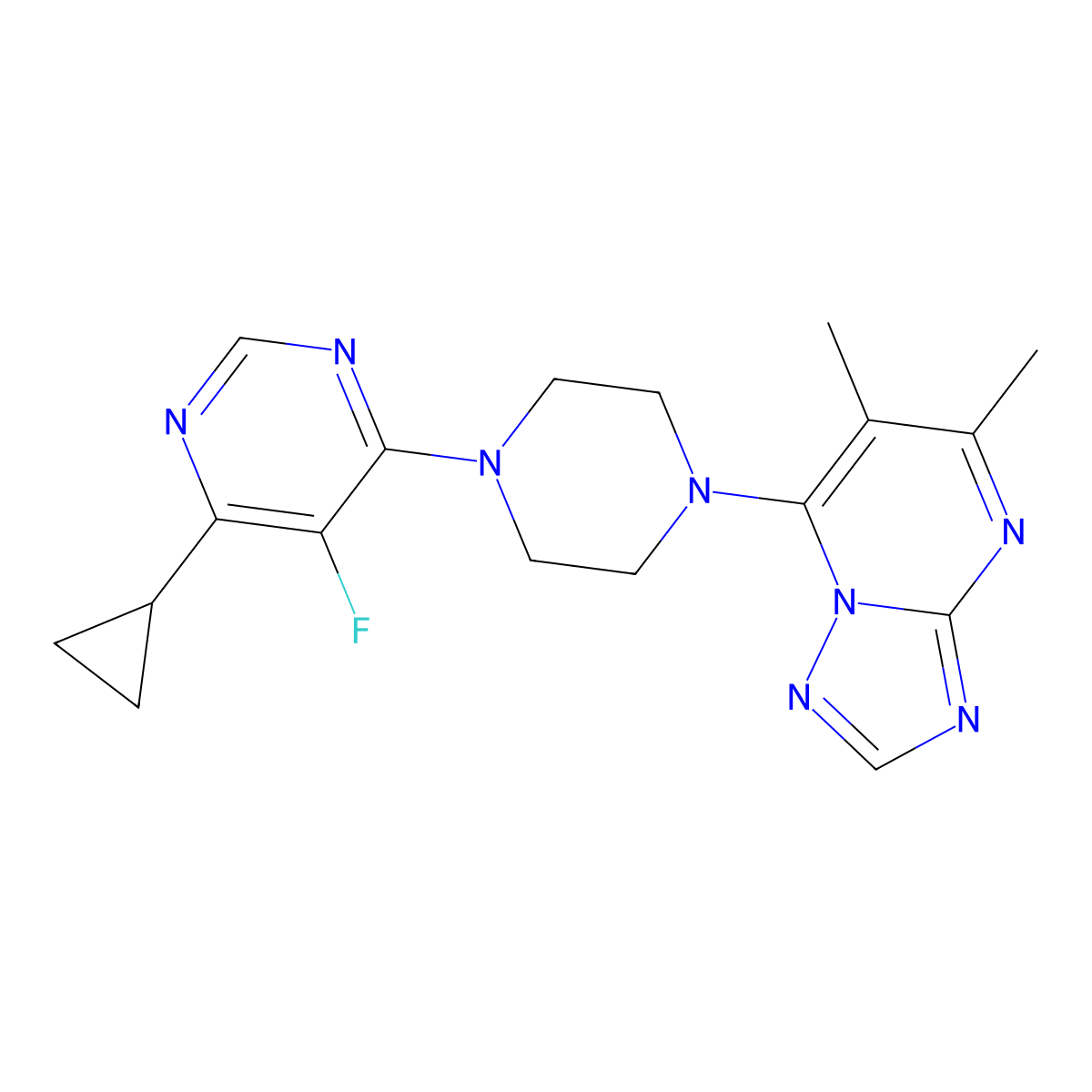 4-Cyclopropyl-6-(4-{5,6-dimethyl-[1,2,4]triazolo[1,5-a]pyrimidin-7-yl}piperazin-1-yl)-5-fluoropyrimidine molecular structure, CAS 2380176-51-0